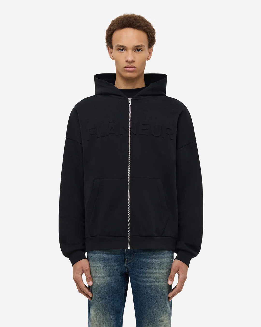 Embossed Zip-Up Hoodie | Black - Image 3