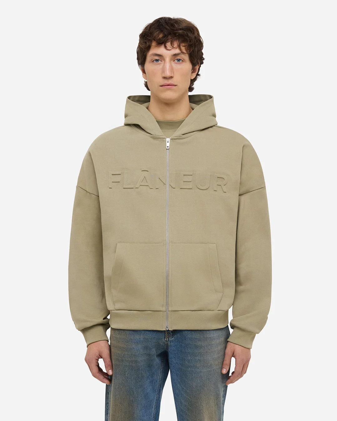 Embossed Zip-Up Hoodie | Sand - Image 3